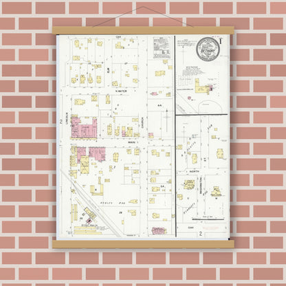 Old map wall art mockup — magnetic wood frame on brick wall — Sanborn Fire Insurance Map from Bethany, Moultrie County, Illinois (1910), Sheet #0001