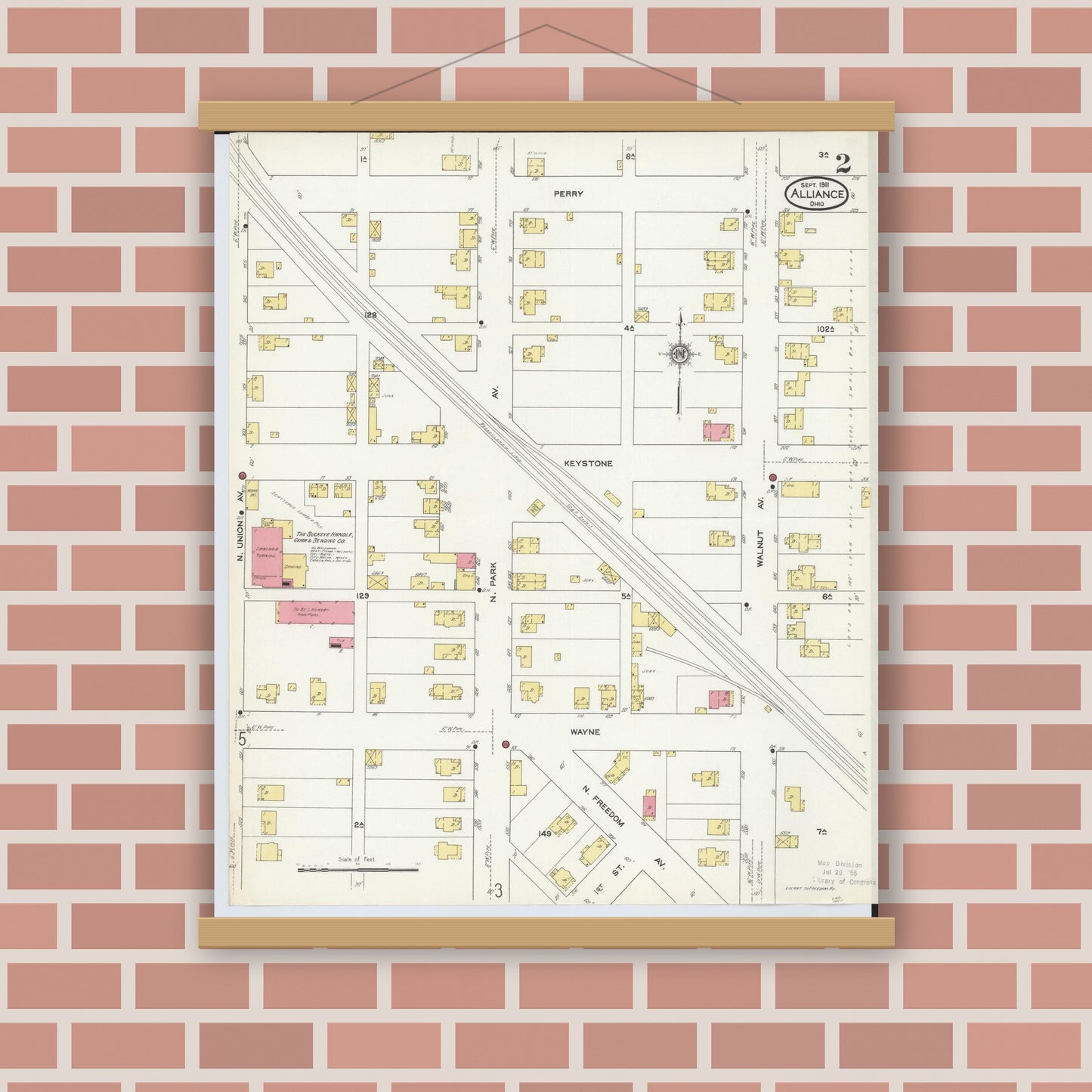 Old map wall art mockup — magnetic wood frame on brick wall — Sanborn Fire Insurance Map from Alliance, Stark County, Ohio (1911), Sheet #0002