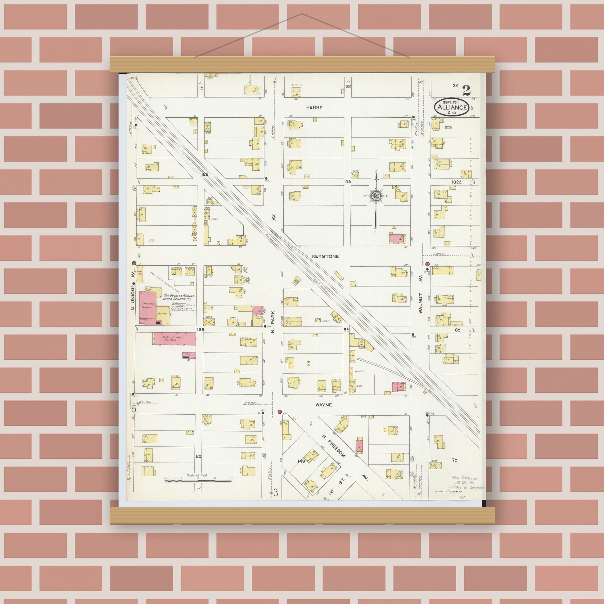 Old map wall art mockup — magnetic wood frame on brick wall — Sanborn Fire Insurance Map from Alliance, Stark County, Ohio (1911), Sheet #0002