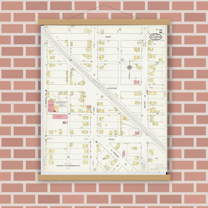 Old map wall art mockup — magnetic wood frame on brick wall — Sanborn Fire Insurance Map from Alliance, Stark County, Ohio (1911), Sheet #0002