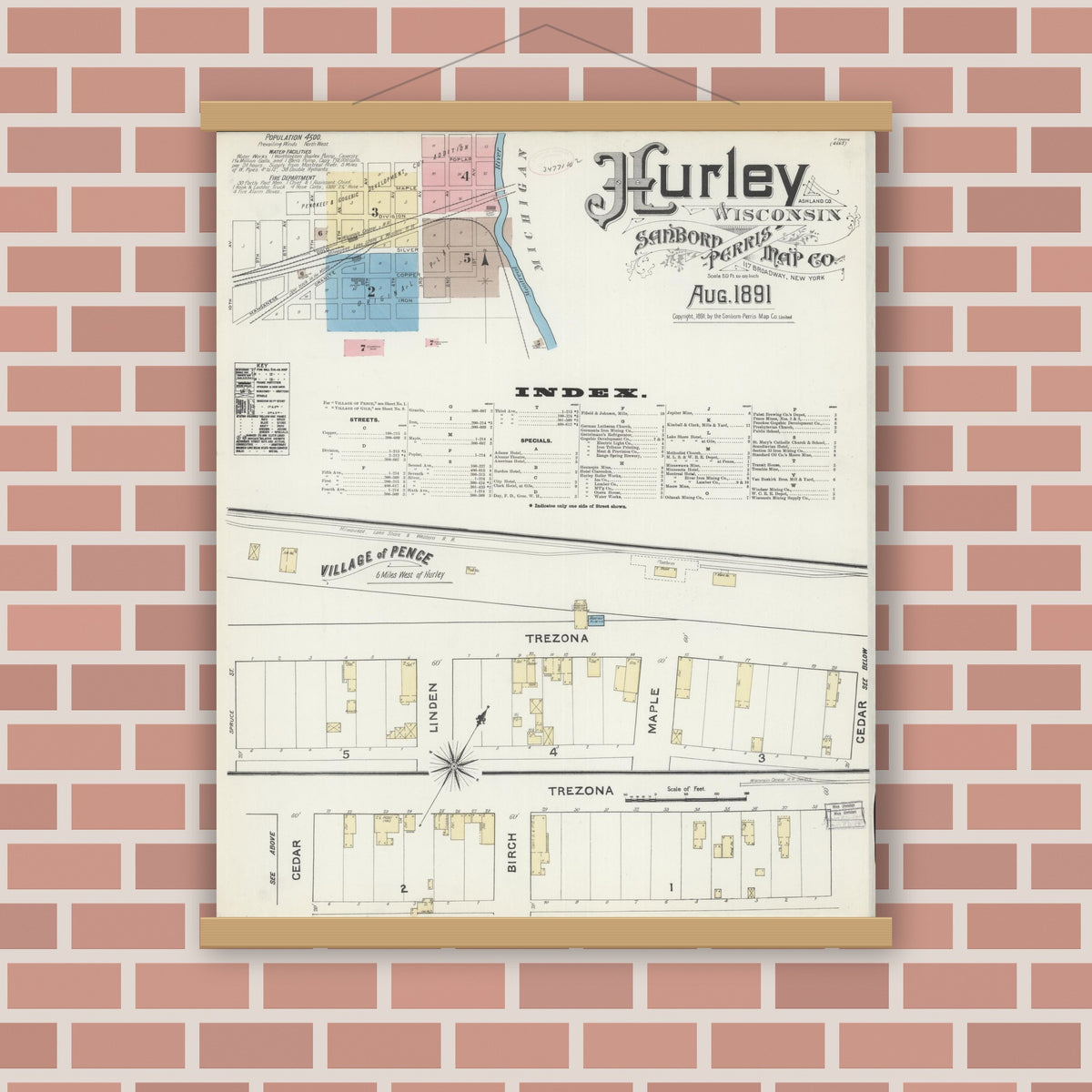Old map wall art mockup — magnetic wood frame on brick wall — Sanborn Fire Insurance Map from Hurley, Iron County, Wisconsin (1891) - Complete Map Set
