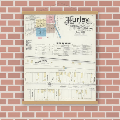 Old map wall art mockup — magnetic wood frame on brick wall — Sanborn Fire Insurance Map from Hurley, Iron County, Wisconsin (1891) - Complete Map Set
