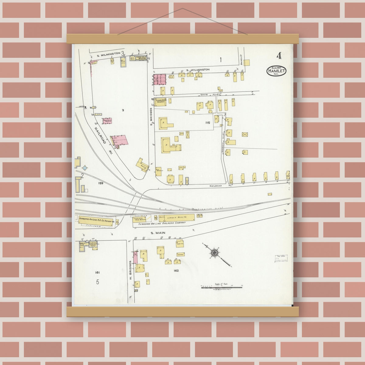 Old map wall art mockup — magnetic wood frame on brick wall — Sanborn Fire Insurance Map from Hamlet, Richmond County, North Carolina (1920), Sheet #0004