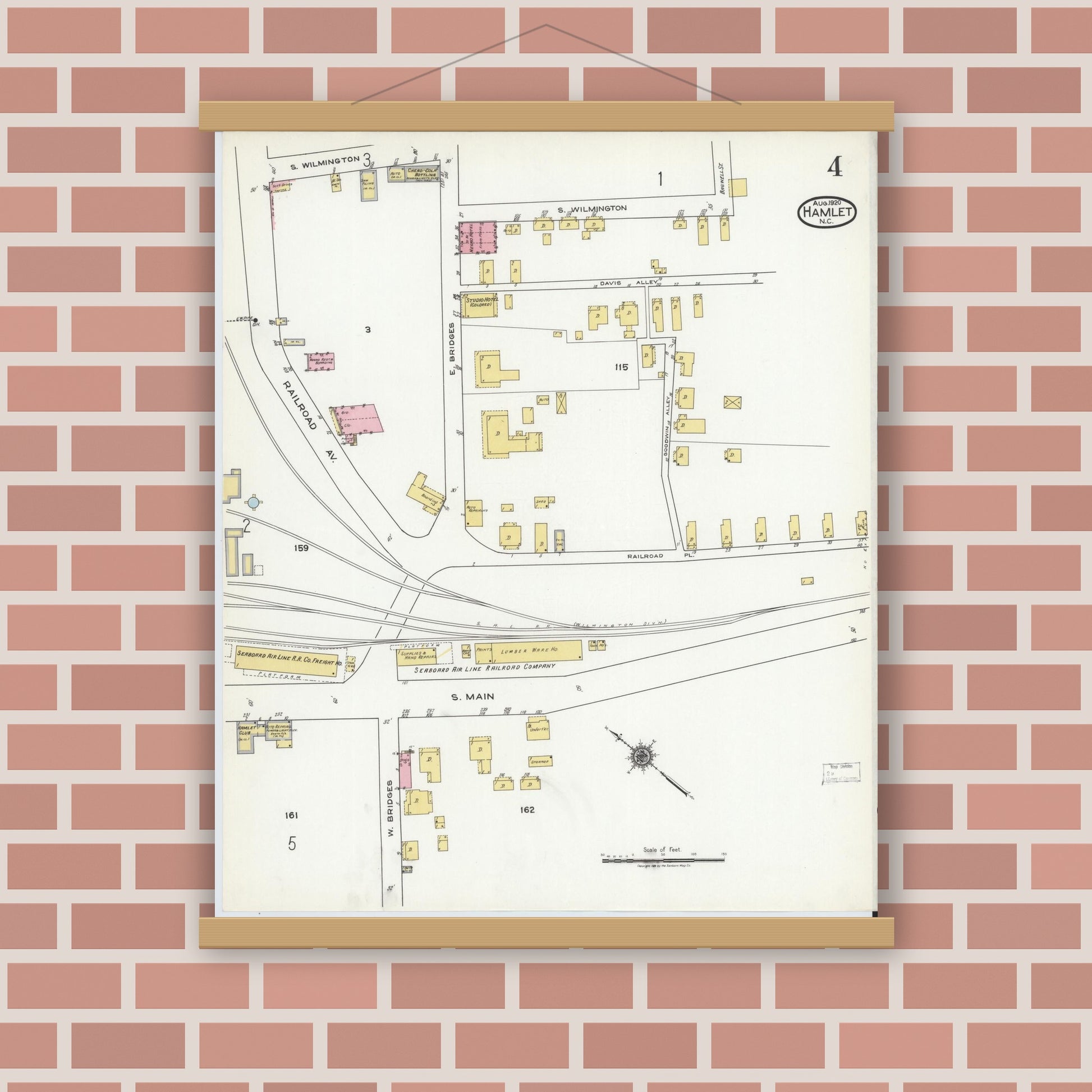 Old map wall art mockup — magnetic wood frame on brick wall — Sanborn Fire Insurance Map from Hamlet, Richmond County, North Carolina (1920), Sheet #0004