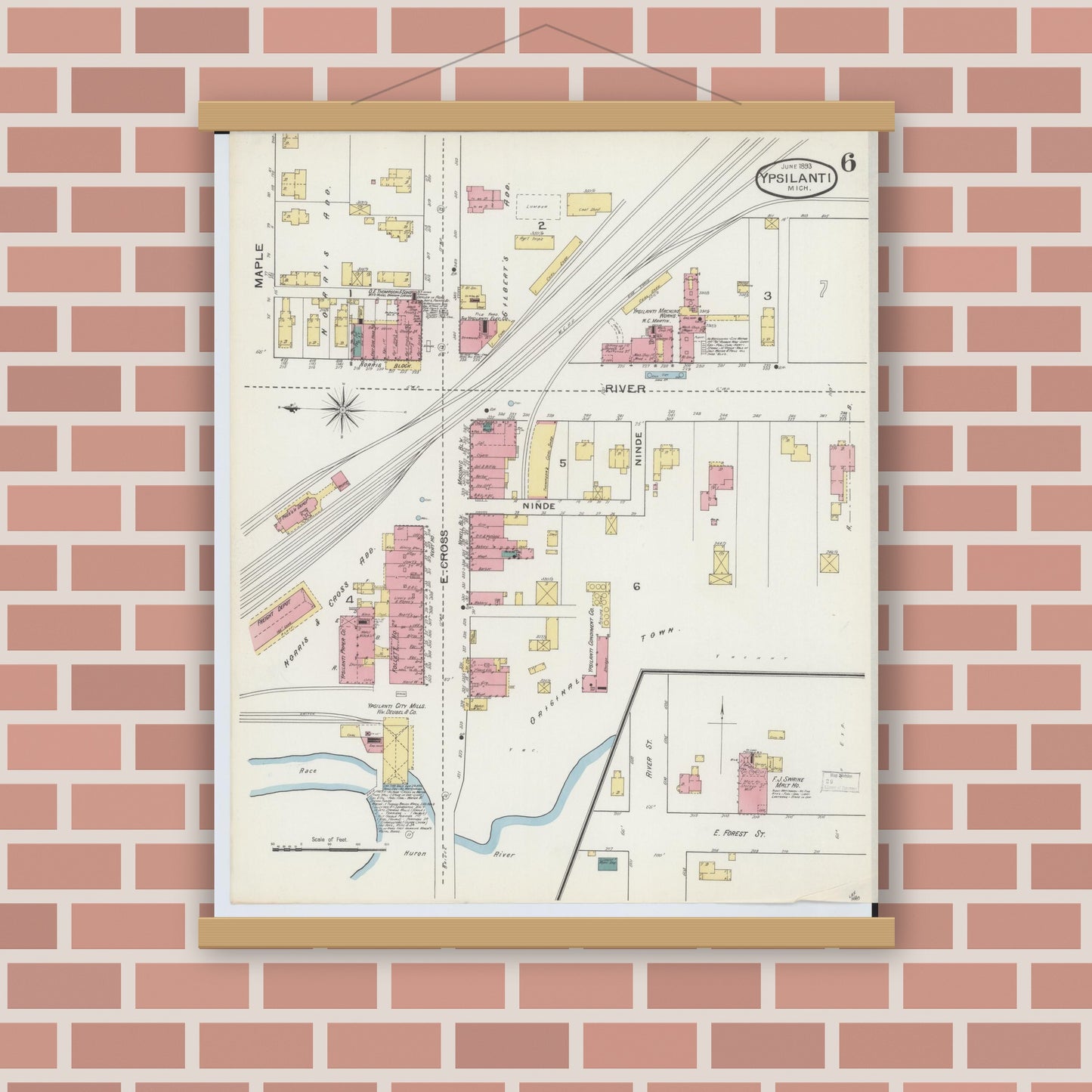 Old map wall art mockup — magnetic wood frame on brick wall — Sanborn Fire Insurance Map from Ypsilanti, Washtenaw County, Michigan (1893), Sheet #0006
