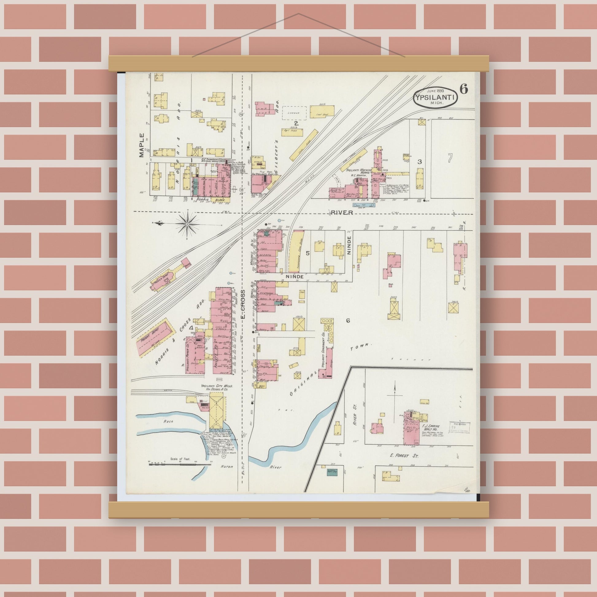 Old map wall art mockup — magnetic wood frame on brick wall — Sanborn Fire Insurance Map from Ypsilanti, Washtenaw County, Michigan (1893), Sheet #0006