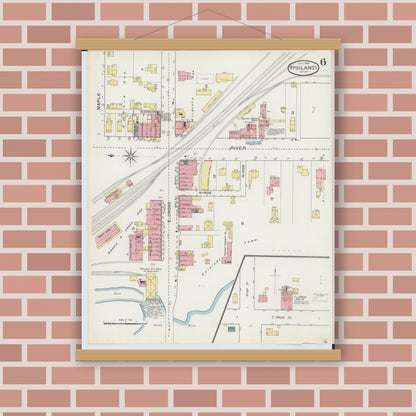 Old map wall art mockup — magnetic wood frame on brick wall — Sanborn Fire Insurance Map from Ypsilanti, Washtenaw County, Michigan (1893), Sheet #0006