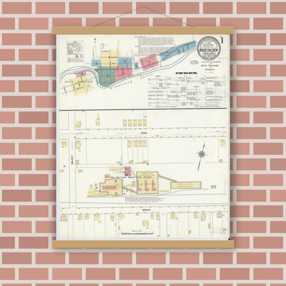 Old map wall art mockup — magnetic wood frame on brick wall — Sanborn Fire Insurance Map from New Bethlehem, Clarion County, Pennsylvania (1910) - Complete Map Set