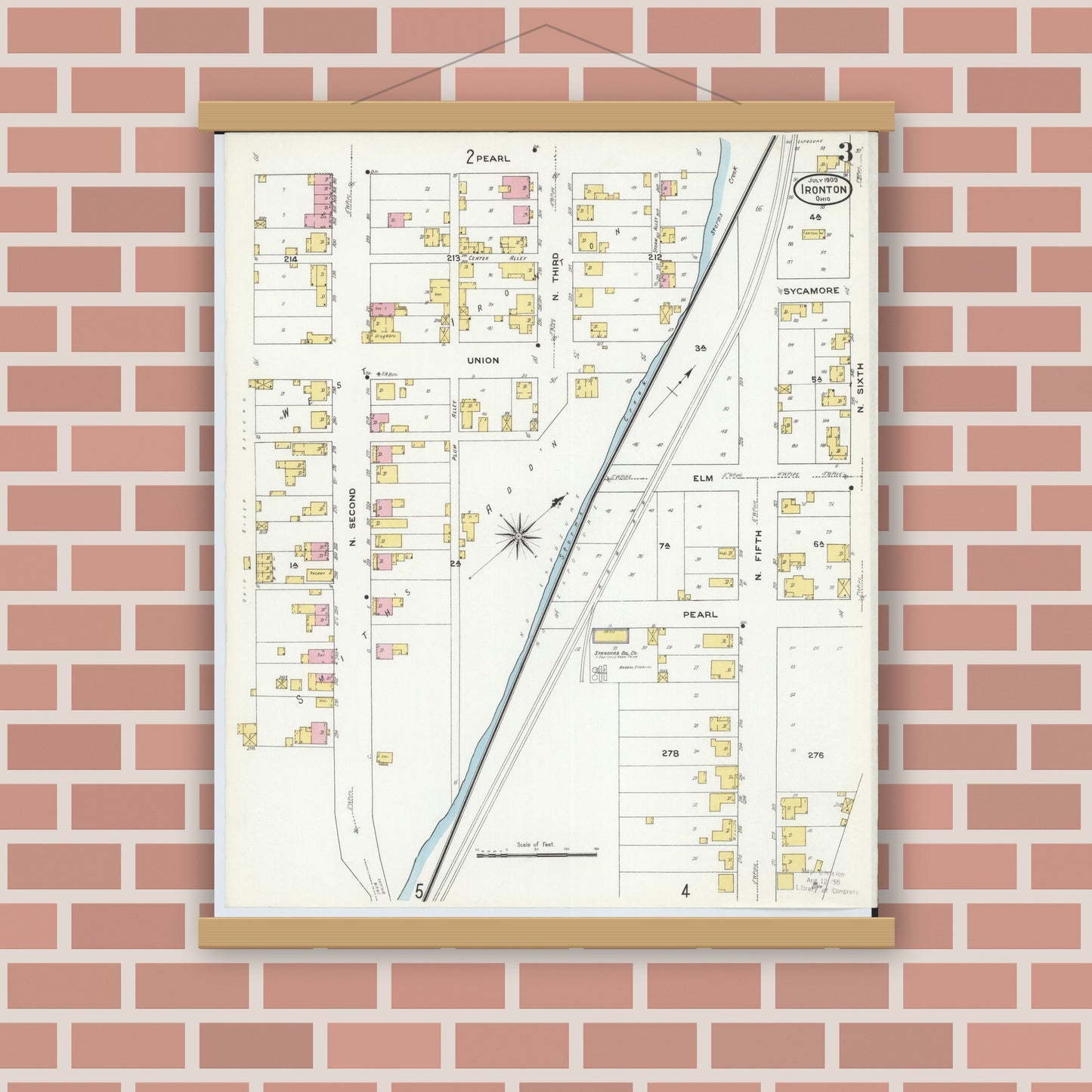 Old map wall art mockup — magnetic wood frame on brick wall — Sanborn Fire Insurance Map from Ironton, Lawrence County, Ohio (1909), Sheet #0003