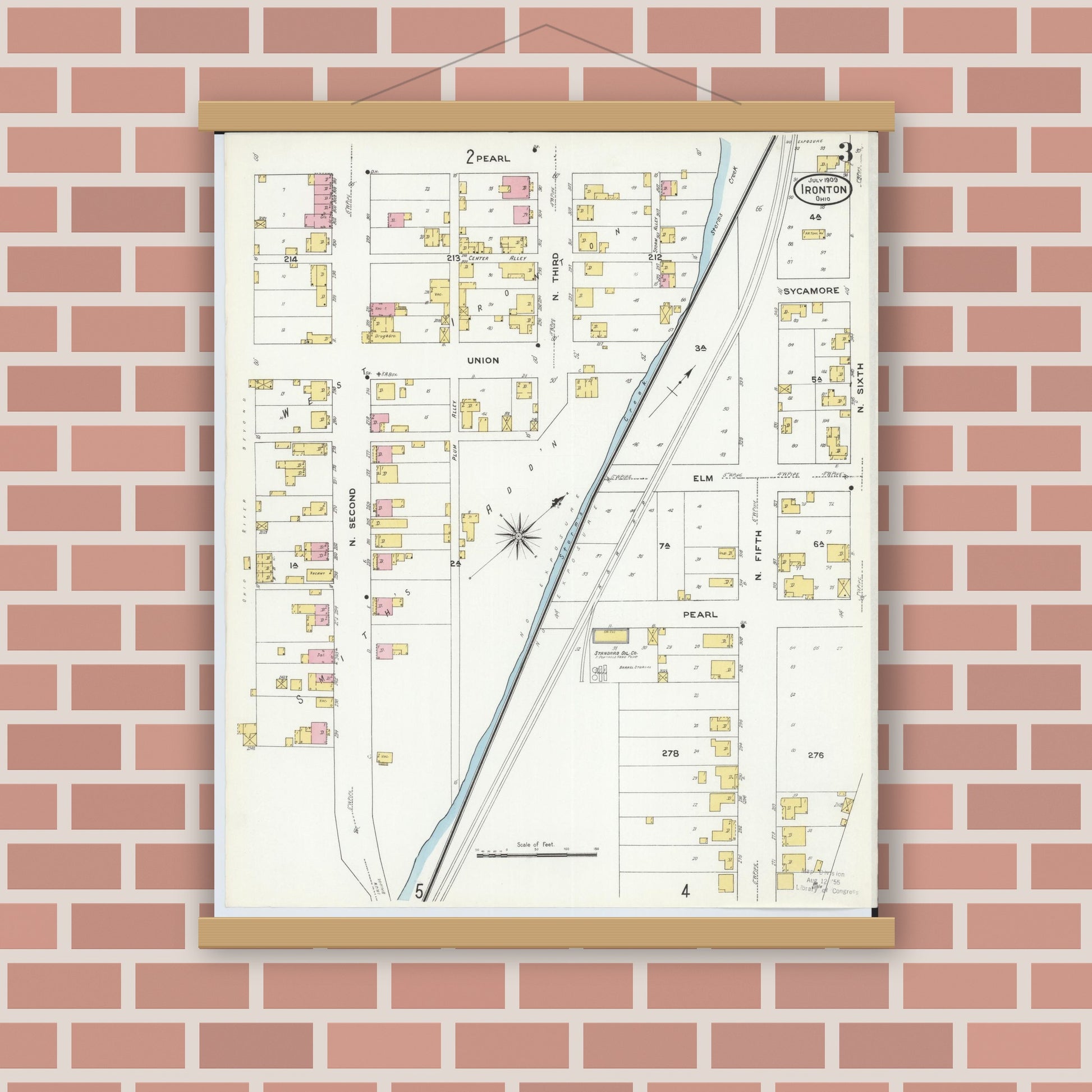 Old map wall art mockup — magnetic wood frame on brick wall — Sanborn Fire Insurance Map from Ironton, Lawrence County, Ohio (1909), Sheet #0003