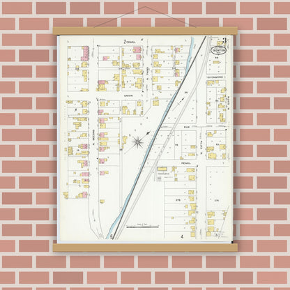 Old map wall art mockup — magnetic wood frame on brick wall — Sanborn Fire Insurance Map from Ironton, Lawrence County, Ohio (1909), Sheet #0003