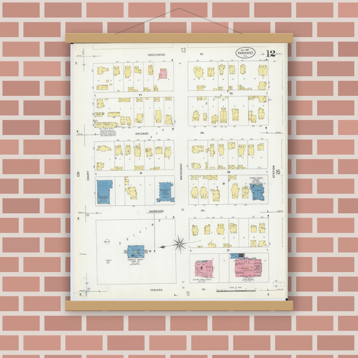 Old map wall art mockup — magnetic wood frame on brick wall — Sanborn Fire Insurance Map from Kankakee, Kankakee County, Illinois (1907), Sheet #0012