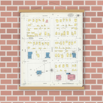 Old map wall art mockup — magnetic wood frame on brick wall — Sanborn Fire Insurance Map from Kankakee, Kankakee County, Illinois (1907), Sheet #0012