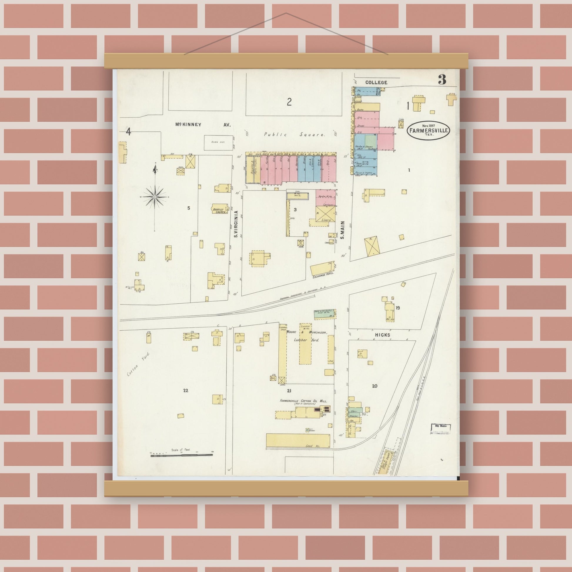 Old map wall art mockup — magnetic wood frame on brick wall — Sanborn Fire Insurance Map from Farmersville, Collin County, Texas (1897), Sheet #0003