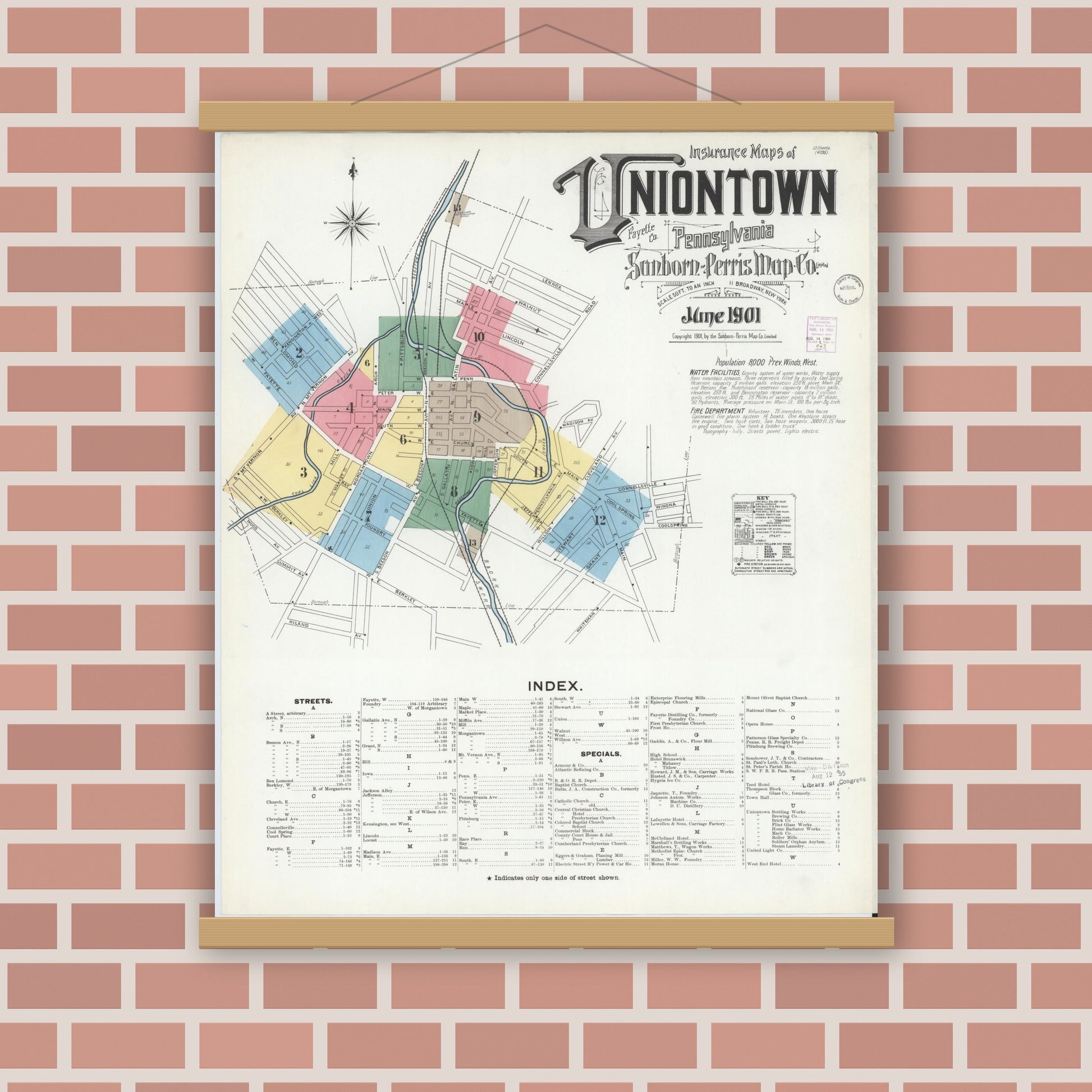 Old map wall art mockup — magnetic wood frame on brick wall — Sanborn Fire Insurance Map from Uniontown, Fayette County, Pennsylvania (1901), Sheet #0001