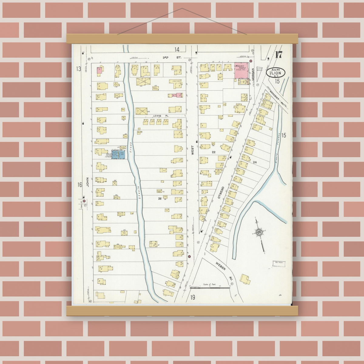 Old map wall art mockup — magnetic wood frame on brick wall — Sanborn Fire Insurance Map from Ilion, Herkimer County, New York (1912), Sheet #0017