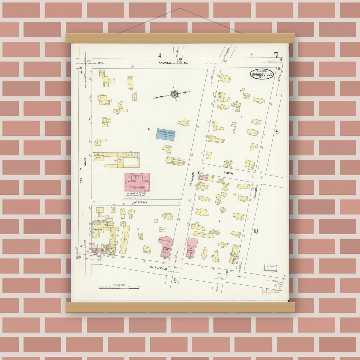 Old map wall art mockup — magnetic wood frame on brick wall — Sanborn Fire Insurance Map from Springville, Erie County, New York (1912), Sheet #0007