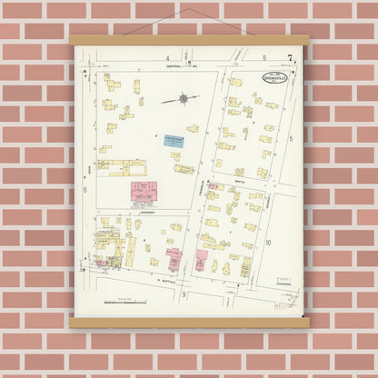 Old map wall art mockup — magnetic wood frame on brick wall — Sanborn Fire Insurance Map from Springville, Erie County, New York (1912), Sheet #0007