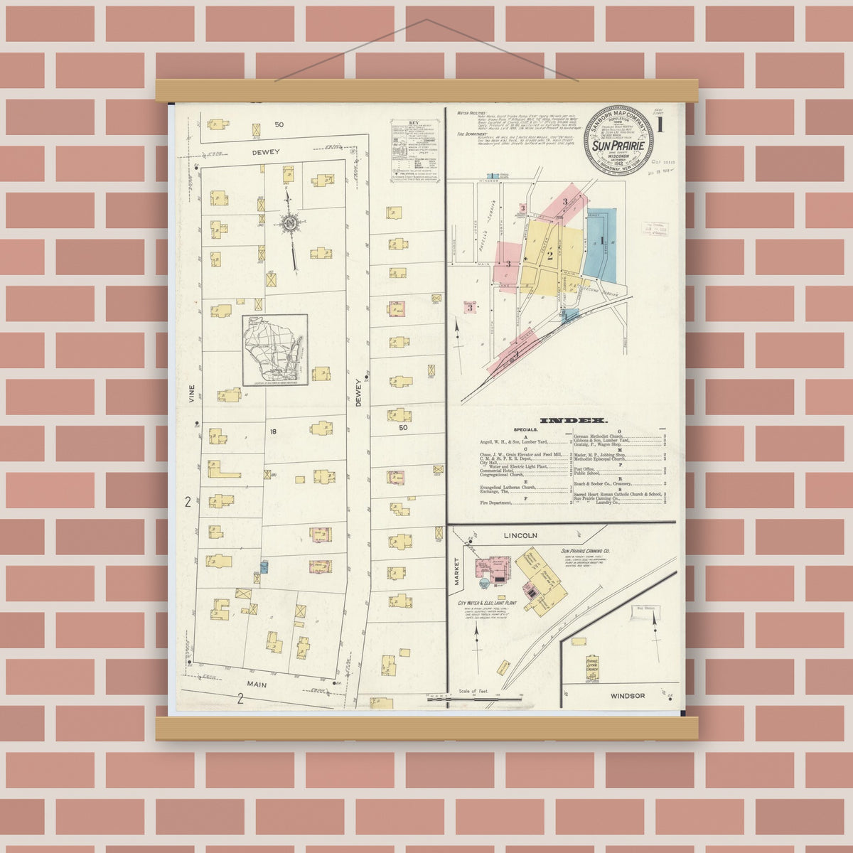 Old map wall art mockup — magnetic wood frame on brick wall — Sanborn Fire Insurance Map from Sun Prairie, Dane County, Wisconsin (1912) - Complete Map Set