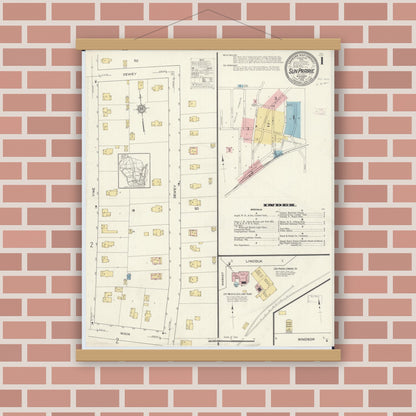 Old map wall art mockup — magnetic wood frame on brick wall — Sanborn Fire Insurance Map from Sun Prairie, Dane County, Wisconsin (1912) - Complete Map Set