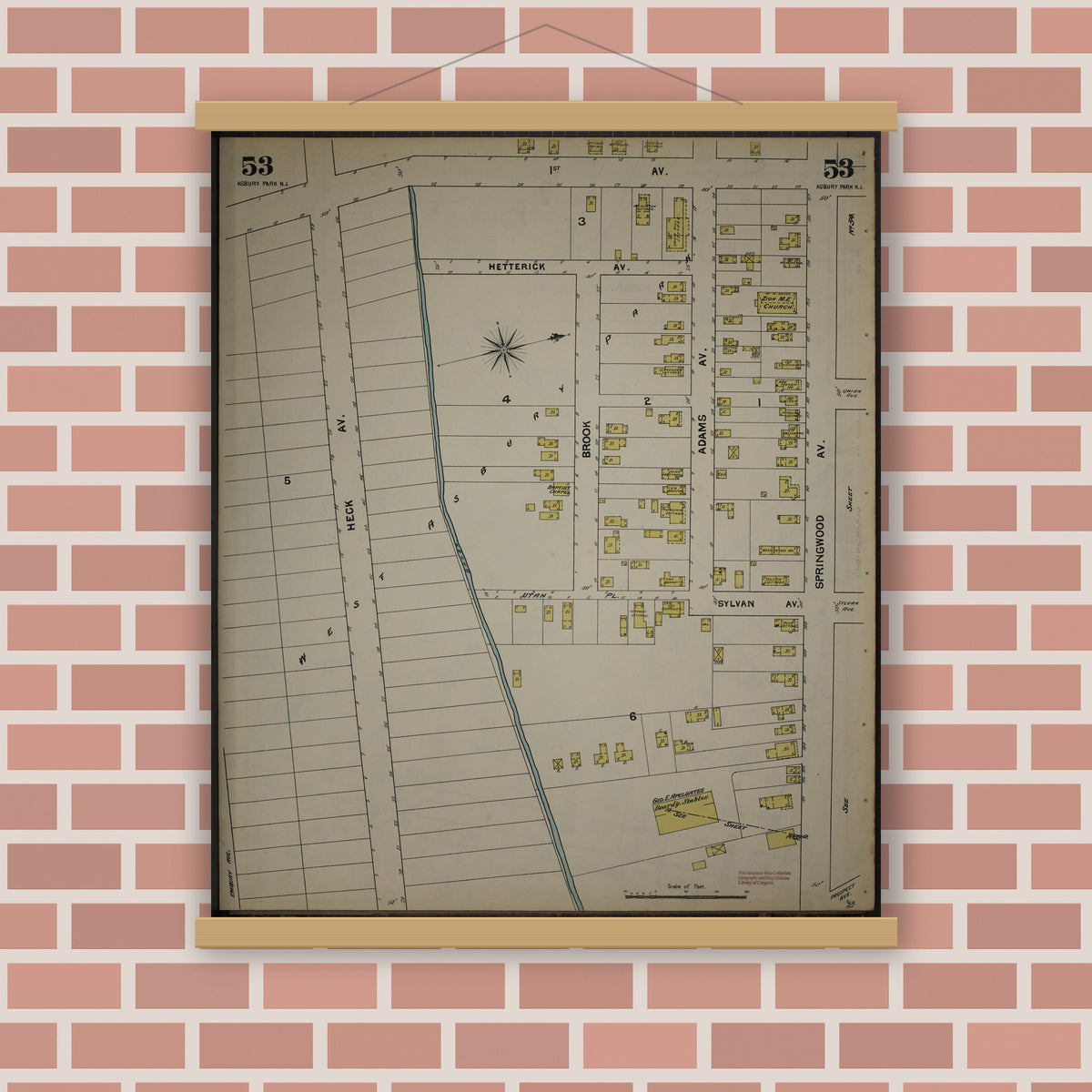 Old map wall art mockup — magnetic wood frame on brick wall — Sanborn Fire Insurance Map from New Jersey Coast, New Jersey Coast, New Jersey (1890), Sheet #0053