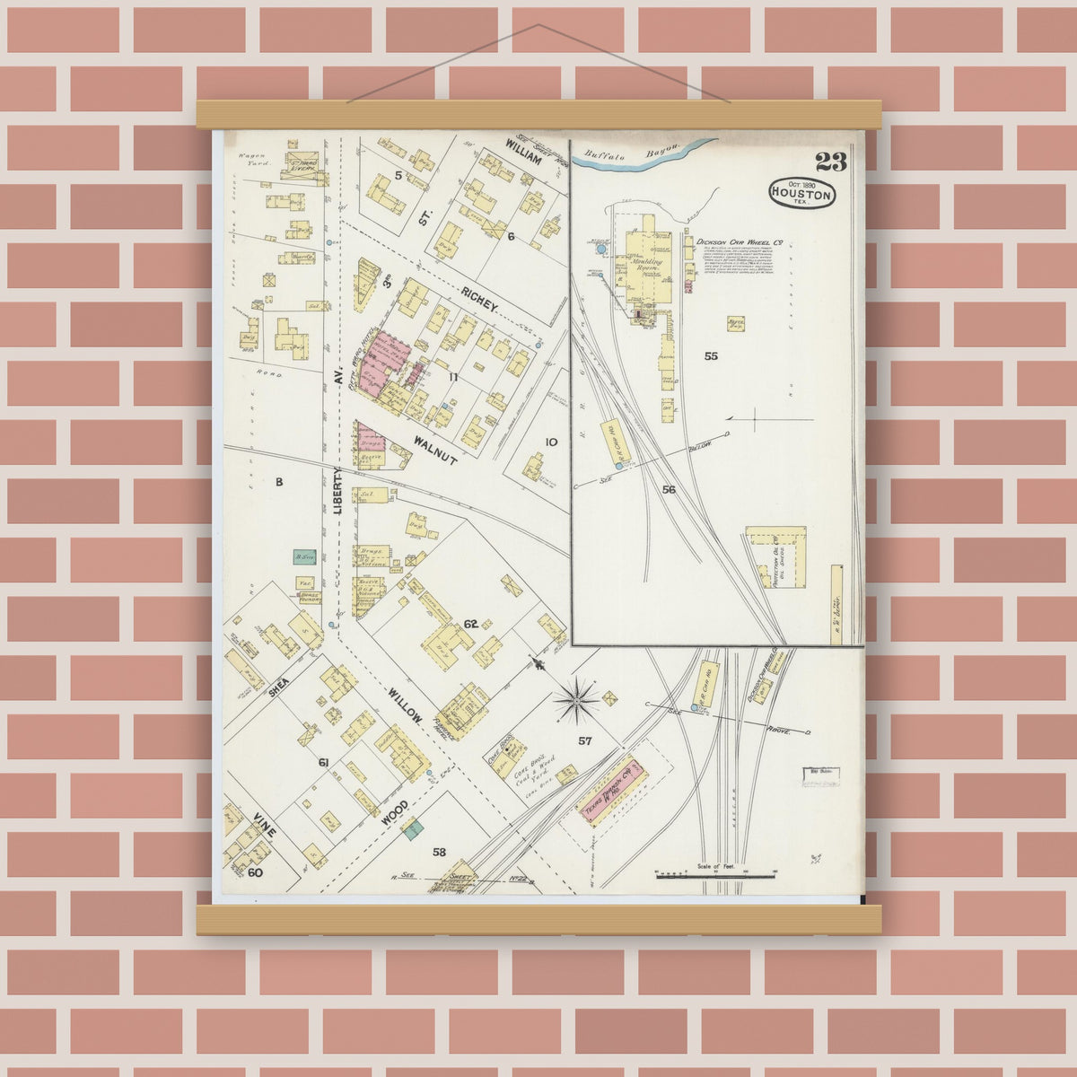 Old map wall art mockup — magnetic wood frame on brick wall — Sanborn Fire Insurance Map from Houston, Harris County, Texas (1890), Sheet #0023