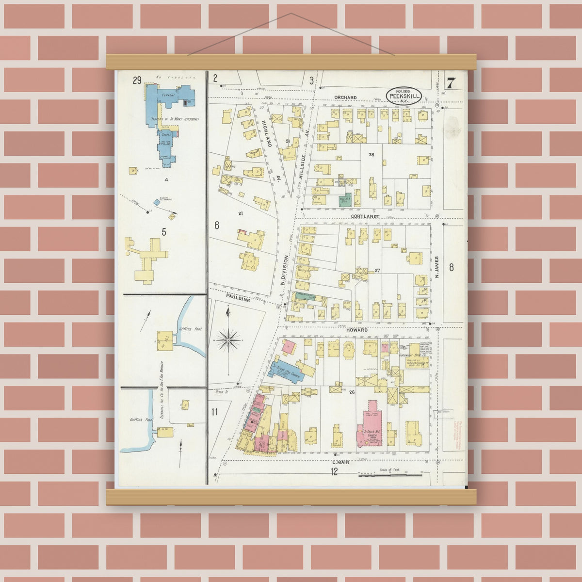 Old map wall art mockup — magnetic wood frame on brick wall — Sanborn Fire Insurance Map from Peekskill, Westchester County, New York (1905), Sheet #0007