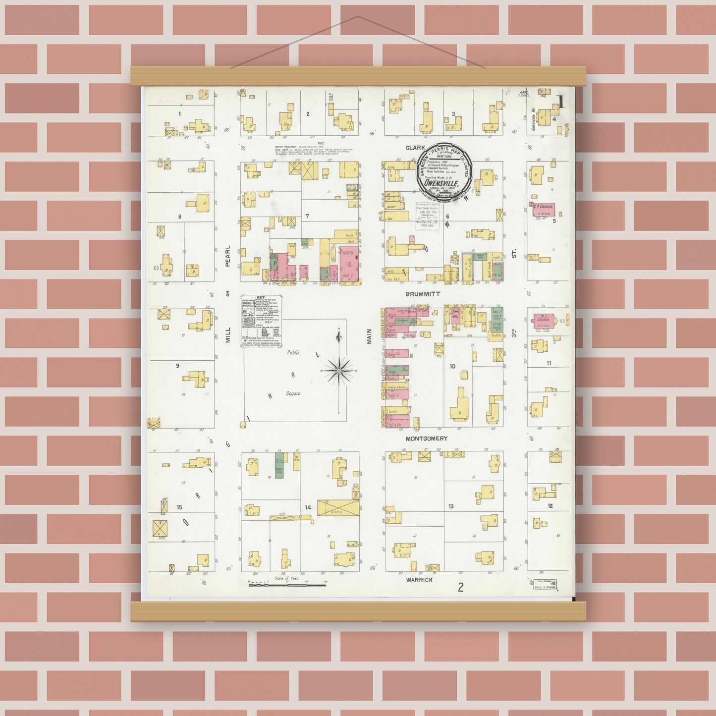 Old map wall art mockup — magnetic wood frame on brick wall — Sanborn Fire Insurance Map from Owensville, Gibson County, Indiana (1900), Sheet #0001