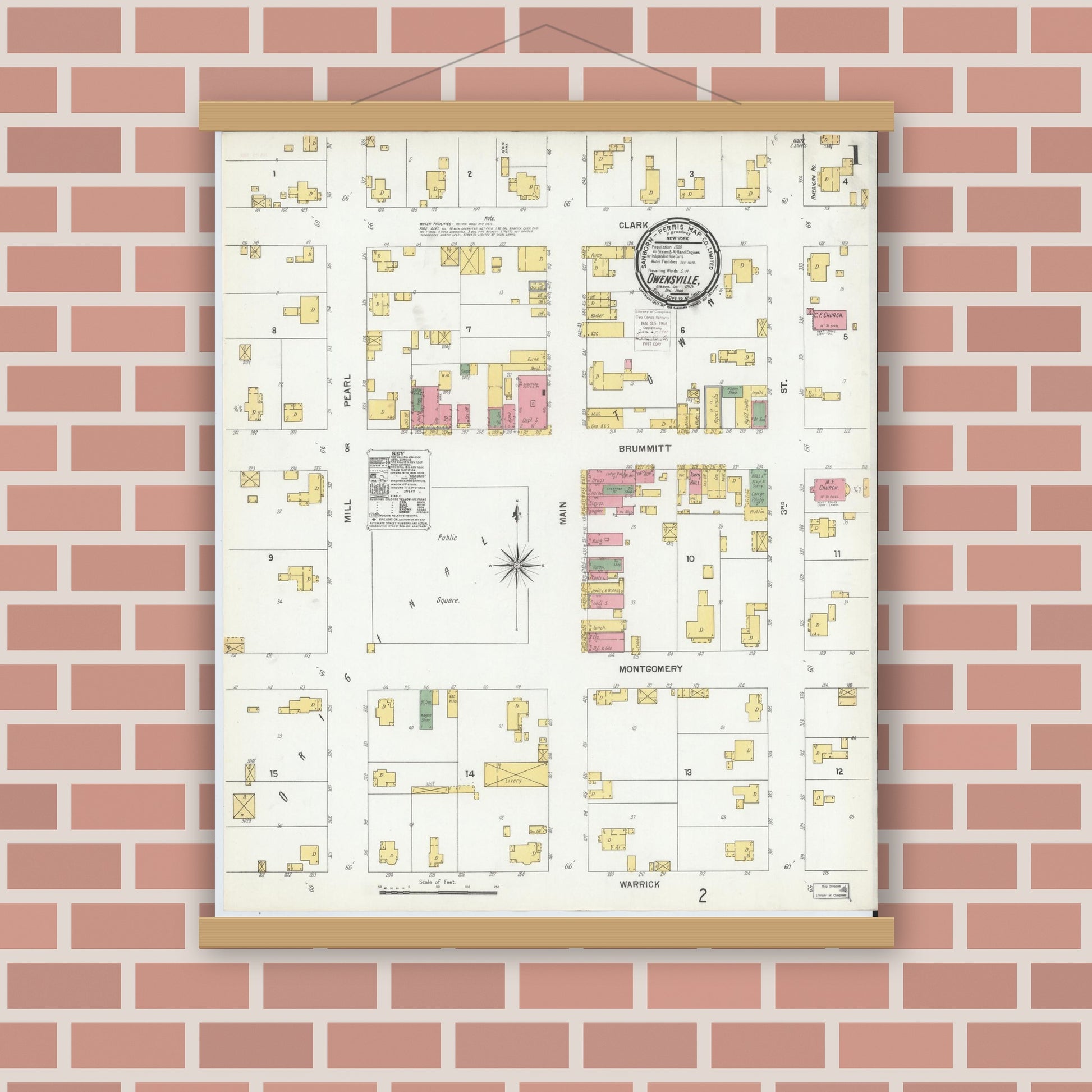 Old map wall art mockup — magnetic wood frame on brick wall — Sanborn Fire Insurance Map from Owensville, Gibson County, Indiana (1900), Sheet #0001