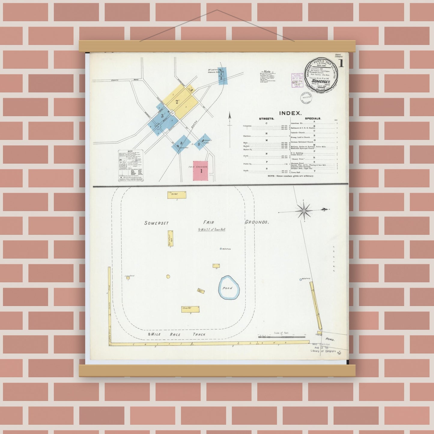 Old map wall art mockup — magnetic wood frame on brick wall — Sanborn Fire Insurance Map from Somerset, Perry County, Ohio (1901), Sheet #0001