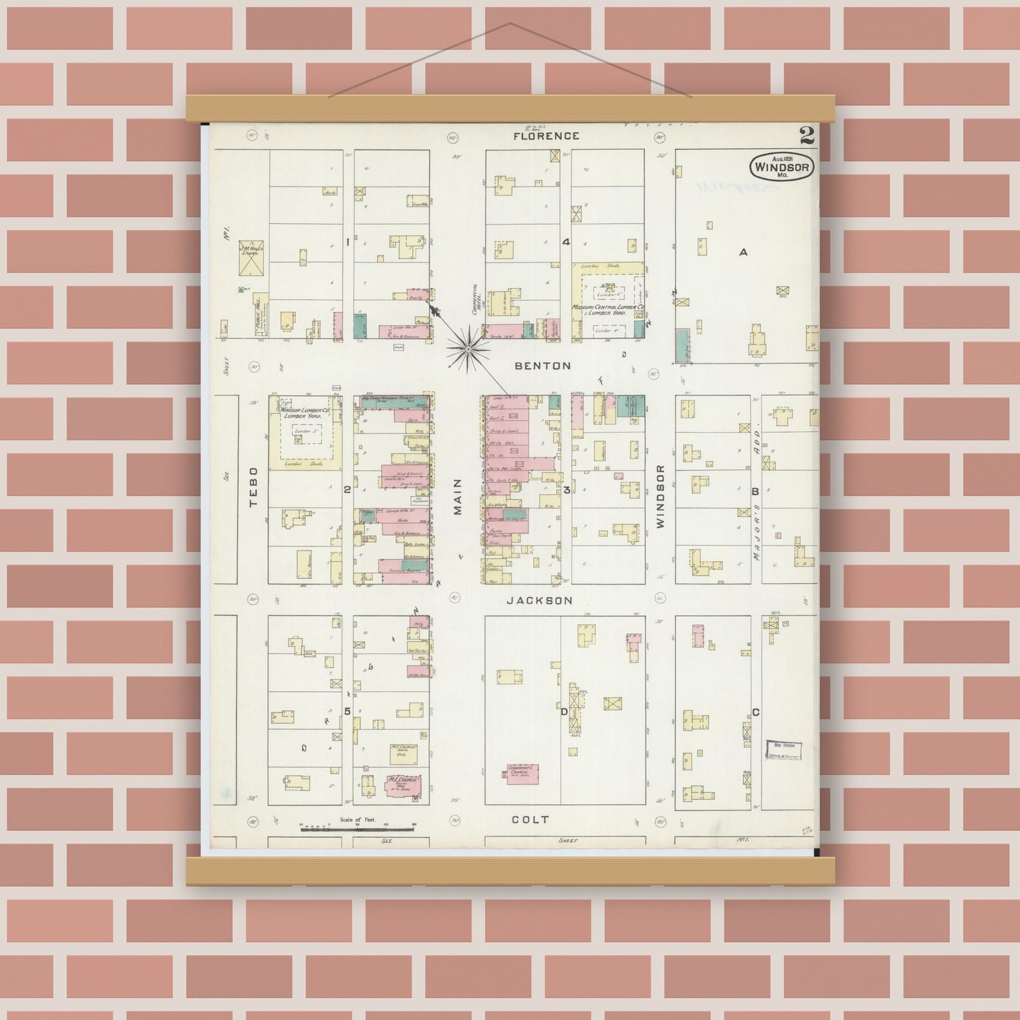 Old map wall art mockup — magnetic wood frame on brick wall — Sanborn Fire Insurance Map from Windsor, Henry County, Missouri (1891), Sheet #0002