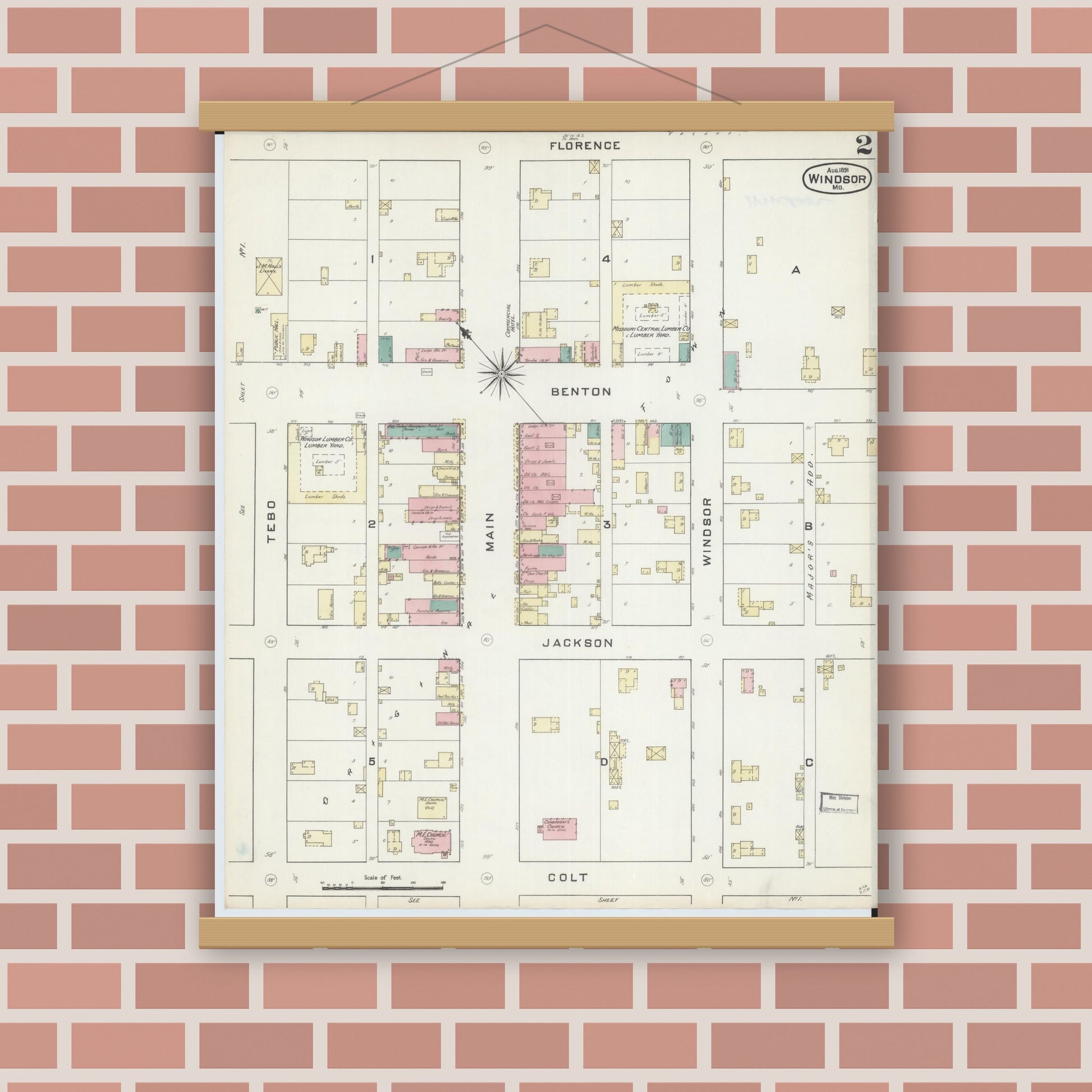 Old map wall art mockup — magnetic wood frame on brick wall — Sanborn Fire Insurance Map from Windsor, Henry County, Missouri (1891), Sheet #0002