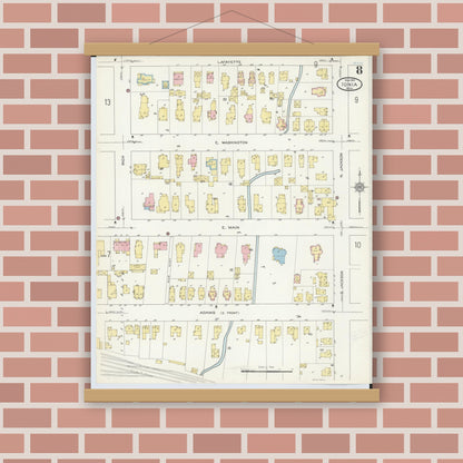 Old map wall art mockup — magnetic wood frame on brick wall — Sanborn Fire Insurance Map from Ionia, Ionia County, Michigan (1914), Sheet #0008
