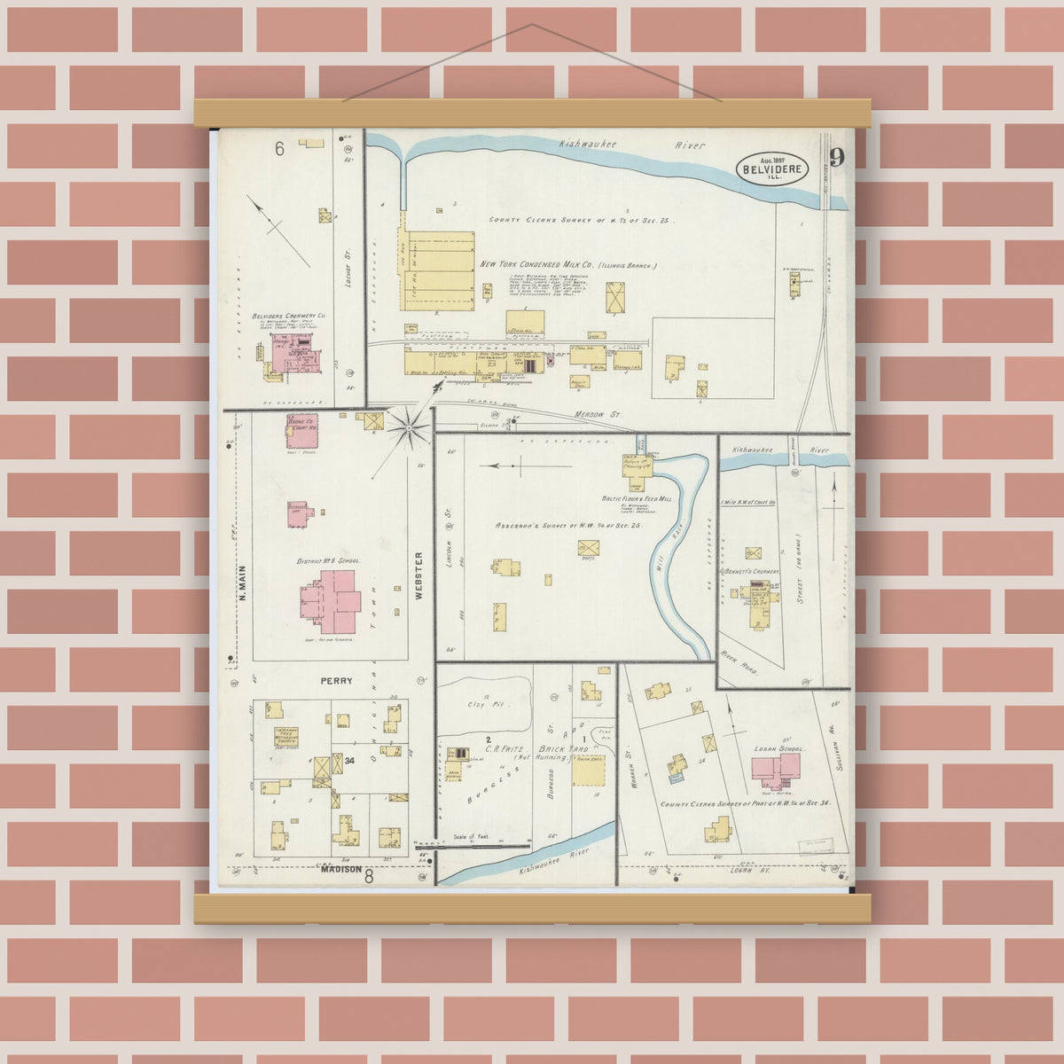 Old map wall art mockup — magnetic wood frame on brick wall — Sanborn Fire Insurance Map from Belvidere, Boone County, Illinois (1897), Sheet #0009
