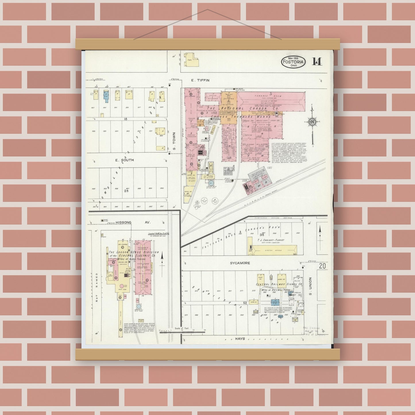 Old map wall art mockup — magnetic wood frame on brick wall — Sanborn Fire Insurance Map from Fostoria, Seneca, Hancock, And Wood Counties, Ohio (1914), Sheet #0014
