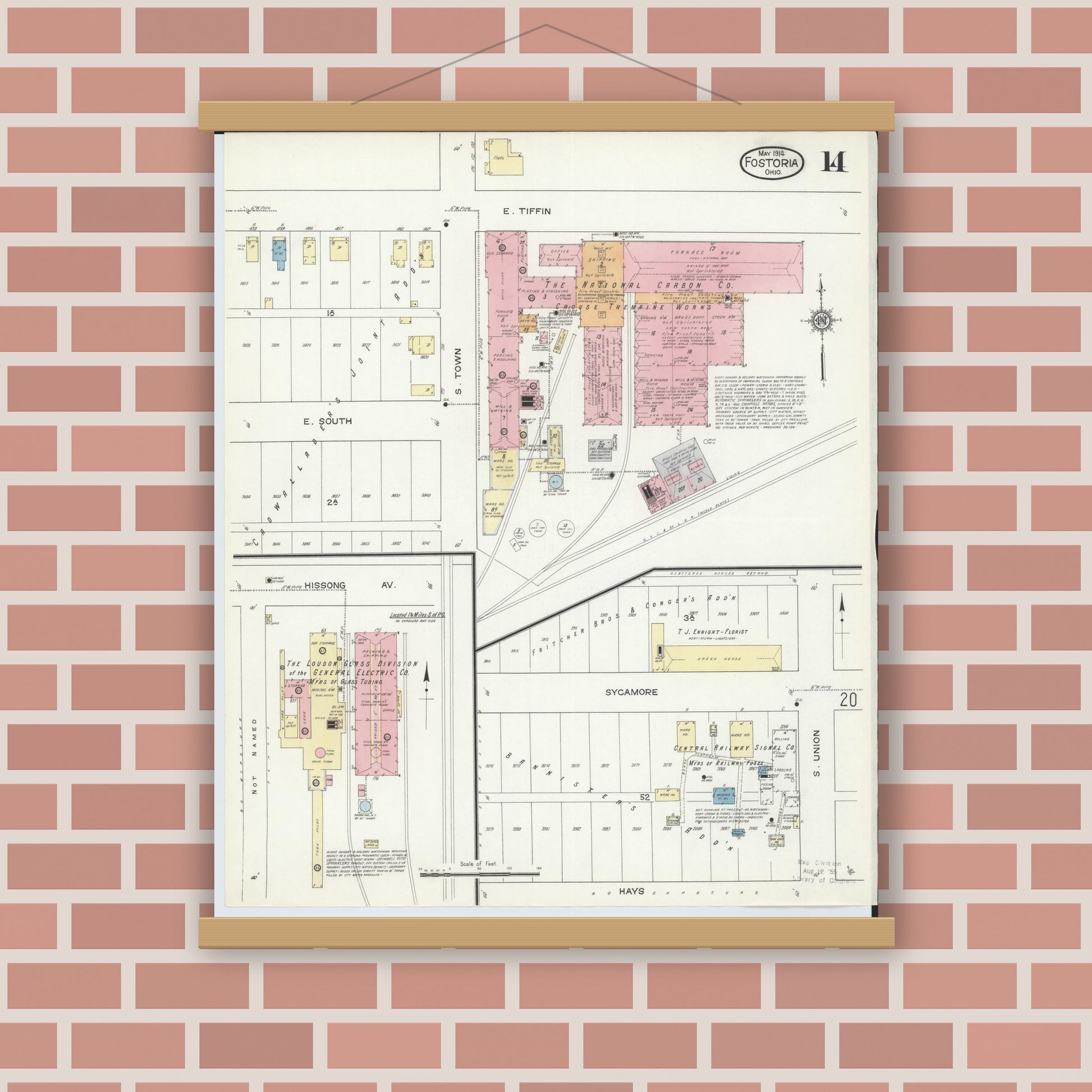 Old map wall art mockup — magnetic wood frame on brick wall — Sanborn Fire Insurance Map from Fostoria, Seneca, Hancock, And Wood Counties, Ohio (1914), Sheet #0014