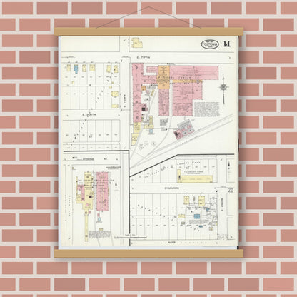 Old map wall art mockup — magnetic wood frame on brick wall — Sanborn Fire Insurance Map from Fostoria, Seneca, Hancock, And Wood Counties, Ohio (1914), Sheet #0014