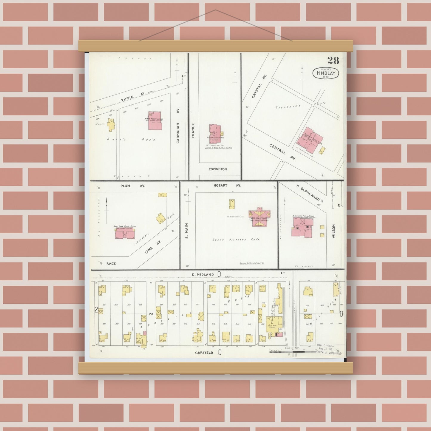 Old map wall art mockup — magnetic wood frame on brick wall — Sanborn Fire Insurance Map from Findlay, Hancock County, Ohio (1901), Sheet #0028