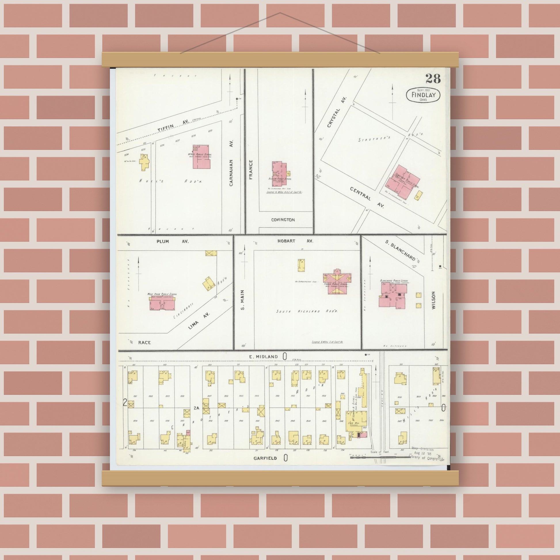 Old map wall art mockup — magnetic wood frame on brick wall — Sanborn Fire Insurance Map from Findlay, Hancock County, Ohio (1901), Sheet #0028