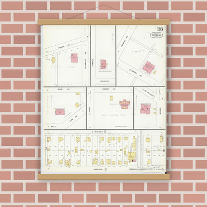 Old map wall art mockup — magnetic wood frame on brick wall — Sanborn Fire Insurance Map from Findlay, Hancock County, Ohio (1901), Sheet #0028