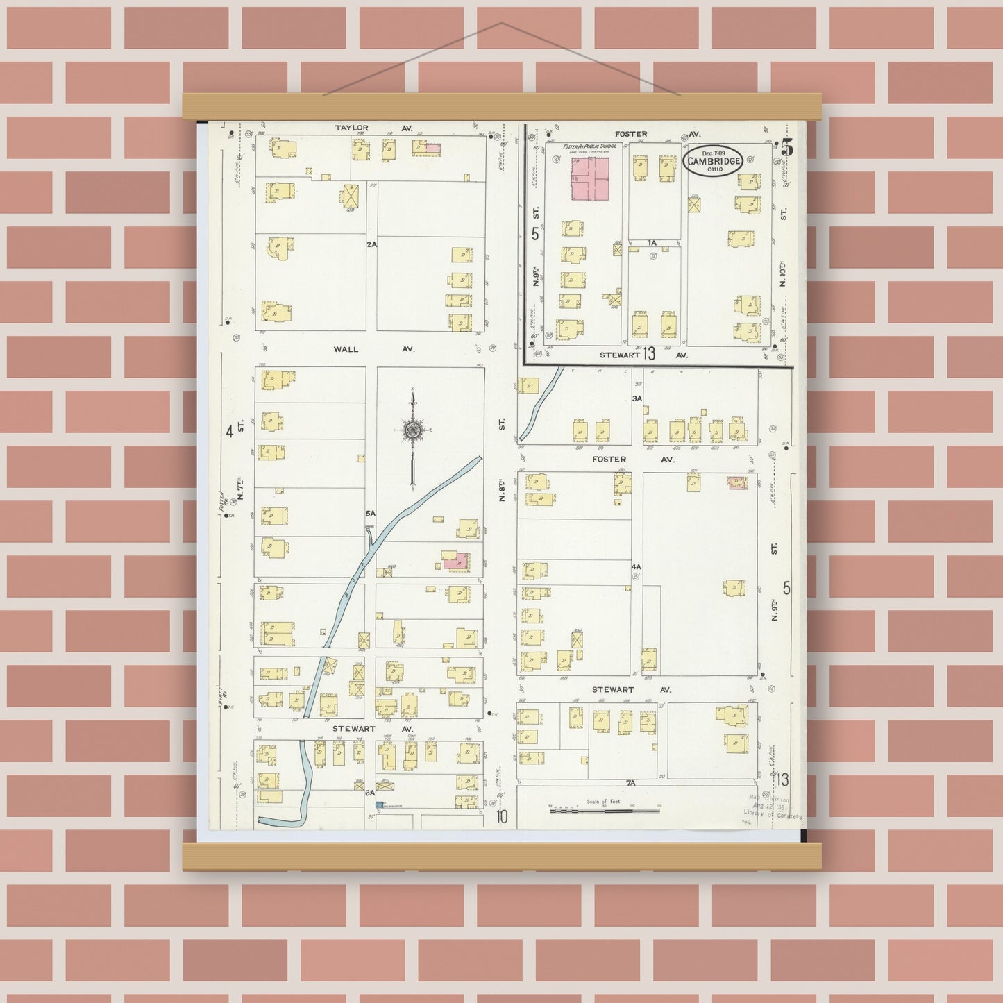 Old map wall art mockup — magnetic wood frame on brick wall — Sanborn Fire Insurance Map from Cambridge, Guernsey County, Ohio (1909), Sheet #0005