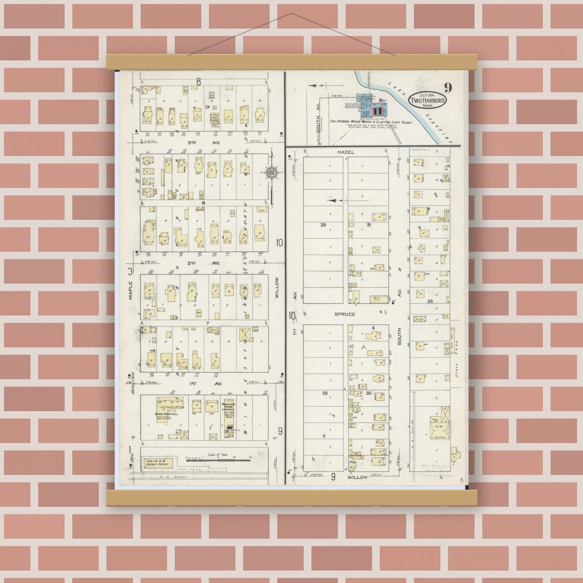 Old map wall art mockup — magnetic wood frame on brick wall — Sanborn Fire Insurance Map from Two Harbors, Lake County, Minnesota (1914), Sheet #0009