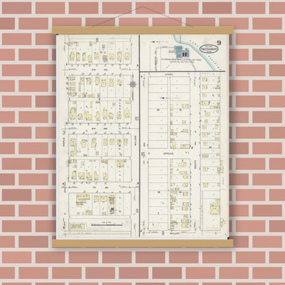 Old map wall art mockup — magnetic wood frame on brick wall — Sanborn Fire Insurance Map from Two Harbors, Lake County, Minnesota (1914), Sheet #0009