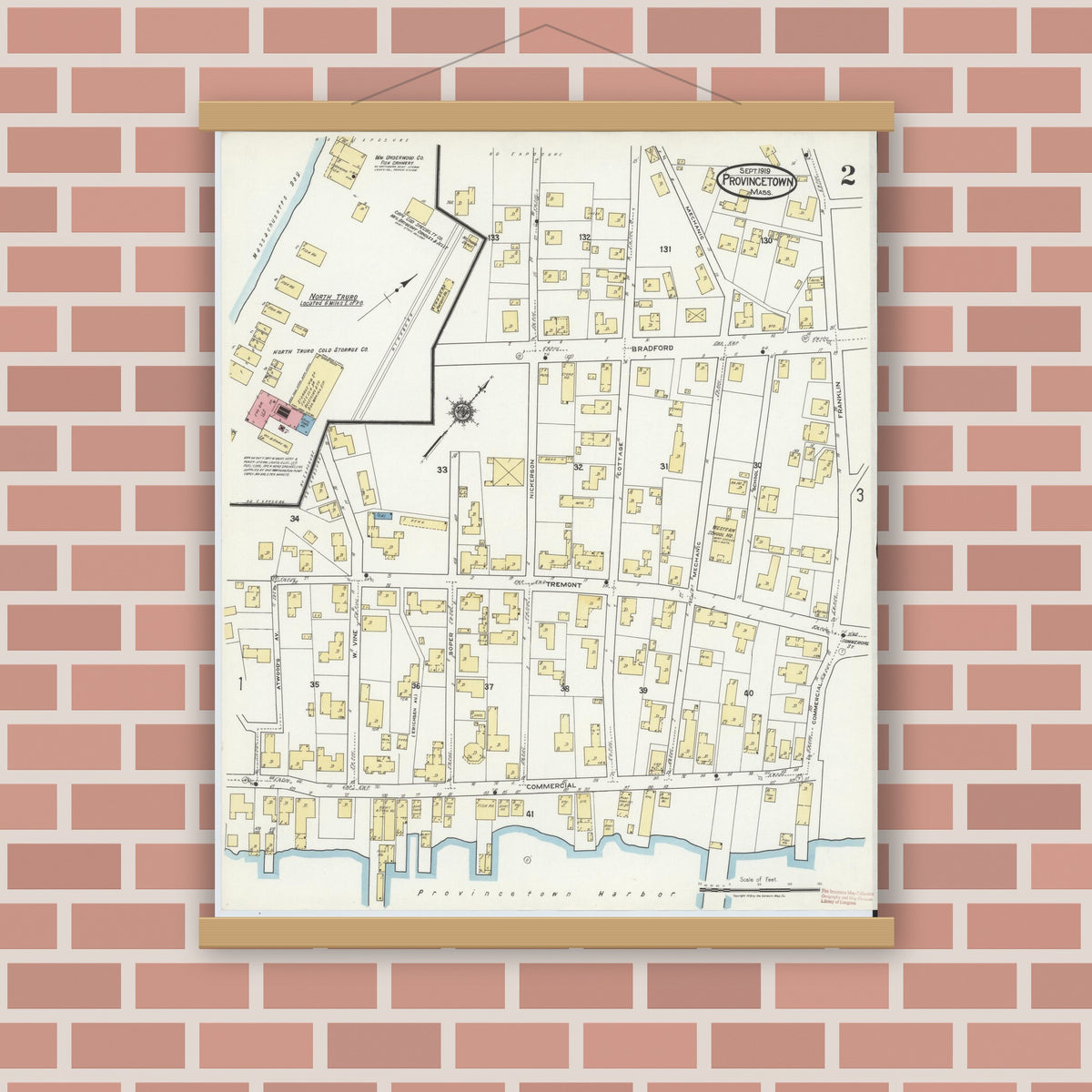 Old map wall art mockup — magnetic wood frame on brick wall — Sanborn Fire Insurance Map from Provincetown, Barnstable County, Massachusetts (1919), Sheet #0002