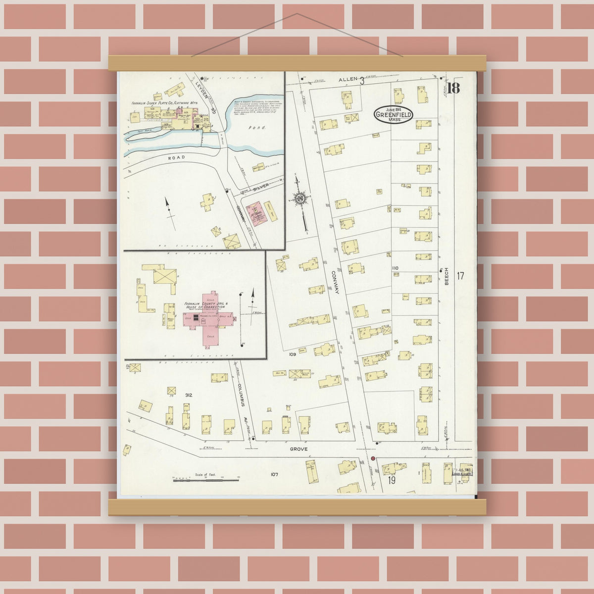 Old map wall art mockup — magnetic wood frame on brick wall — Sanborn Fire Insurance Map from Greenfield, Franklin County, Massachusetts (1914), Sheet #0018