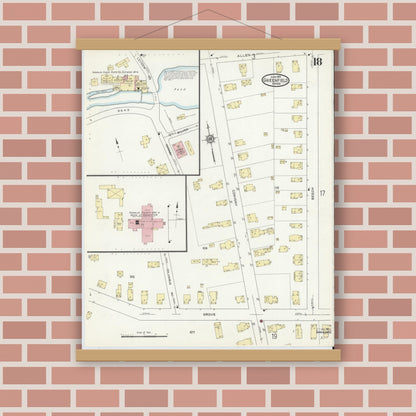 Old map wall art mockup — magnetic wood frame on brick wall — Sanborn Fire Insurance Map from Greenfield, Franklin County, Massachusetts (1914), Sheet #0018
