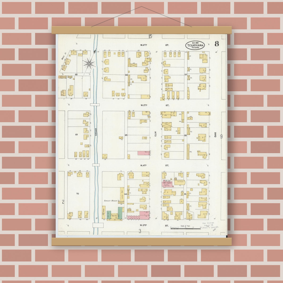 Old map wall art mockup — magnetic wood frame on brick wall — Sanborn Fire Insurance Map from Texarkana, Bowie County, Texas (1905), Sheet #0008