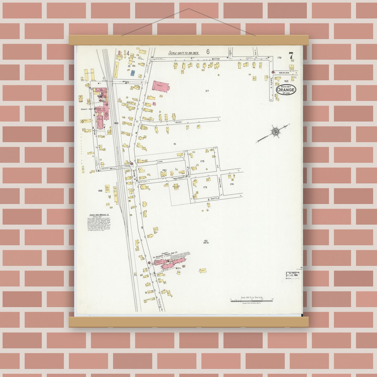 Old map wall art mockup — magnetic wood frame on brick wall — Sanborn Fire Insurance Map from Orange, Franklin County, Massachusetts (1917), Sheet #0007
