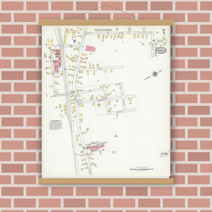 Old map wall art mockup — magnetic wood frame on brick wall — Sanborn Fire Insurance Map from Orange, Franklin County, Massachusetts (1917), Sheet #0007