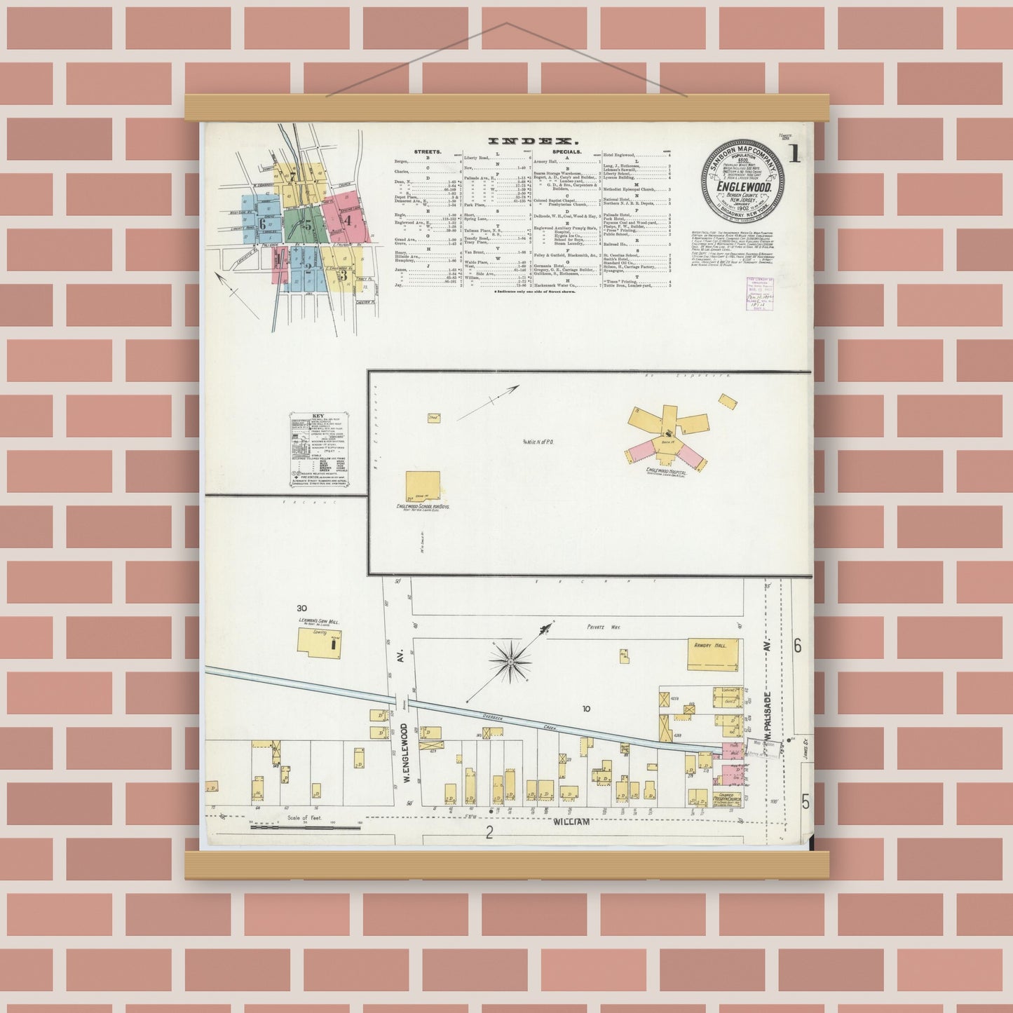 Old map wall art mockup — magnetic wood frame on brick wall — Sanborn Fire Insurance Map from Englewood, Bergen County, New Jersey (1902) - Complete Map Set